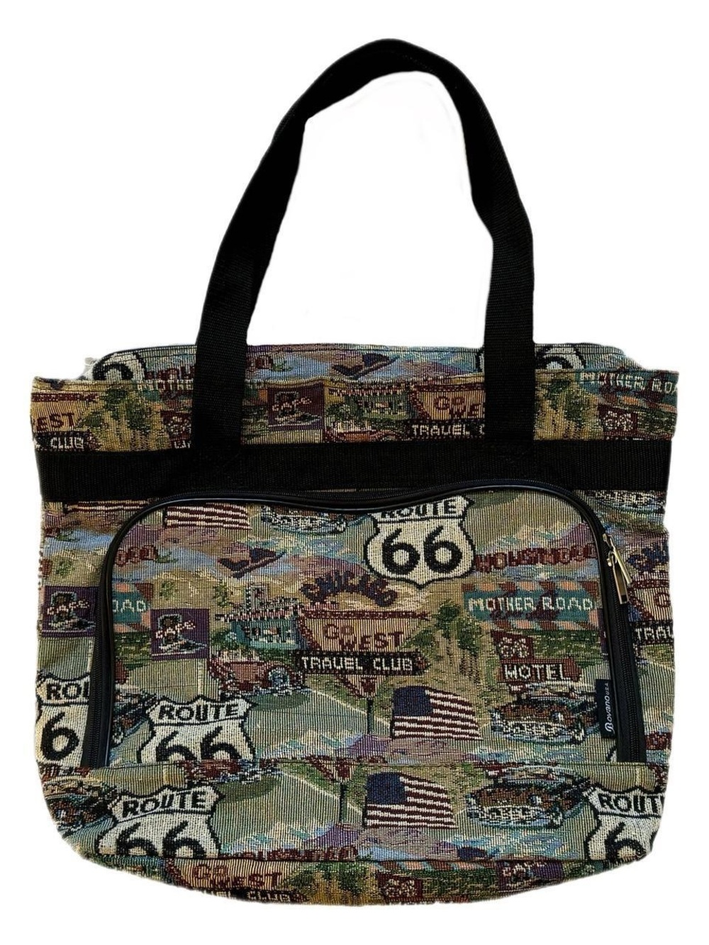 Route 66 Tapestry Tote Bag in Multicolor with Black Handles